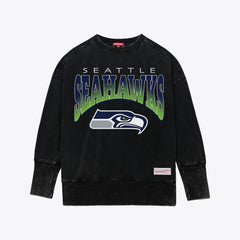 Seattle Seahawks Women's Delineate Mineral Wash Crewneck Sweatshirt Black | Mitchell & Ness