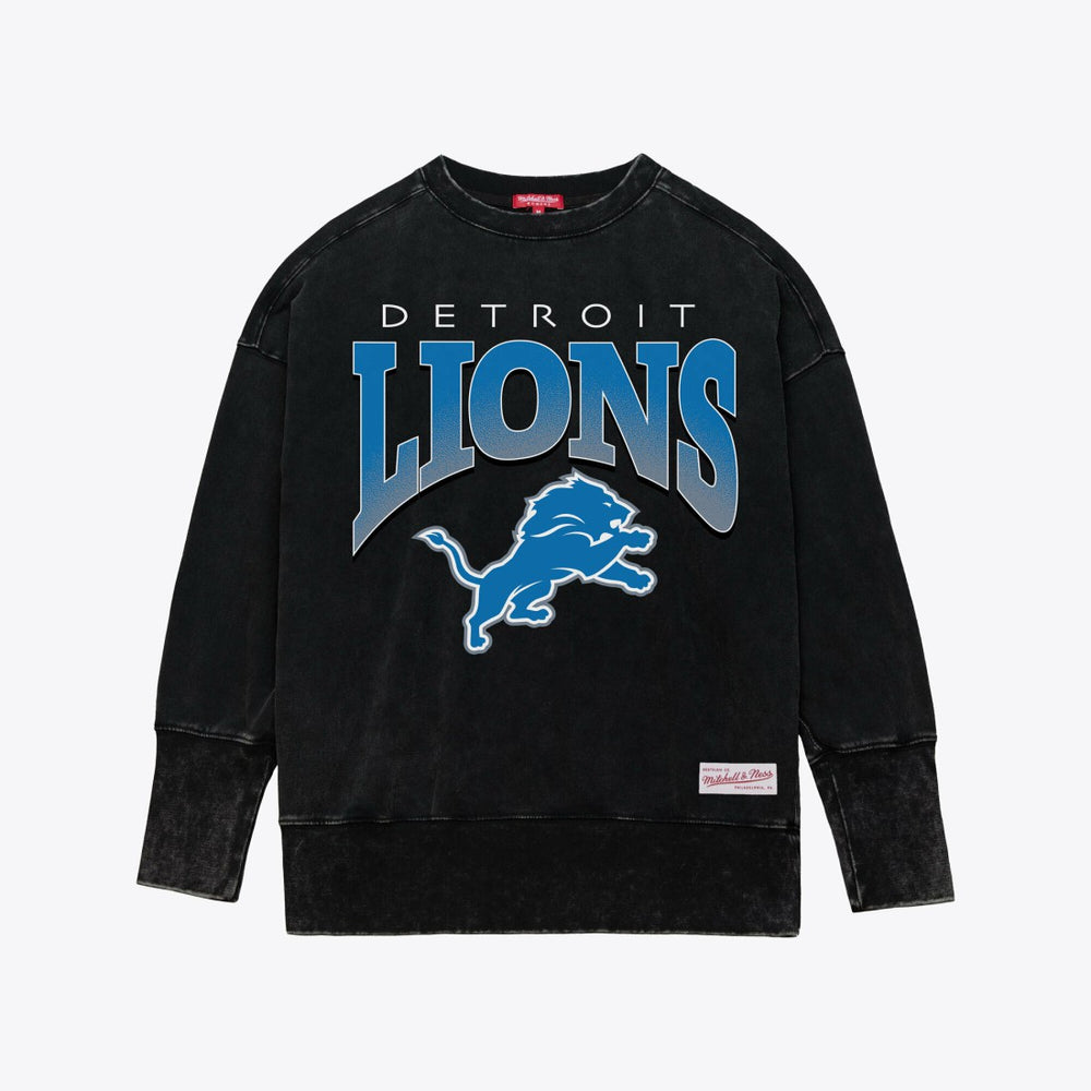 Detroit Lions Women's Delineate Mineral Wash Crewneck Sweatshirt Black | Mitchell & Ness