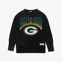Green Bay Packers Women's Delineate Mineral Wash Crewneck Sweatshirt Black | Mitchell & Ness