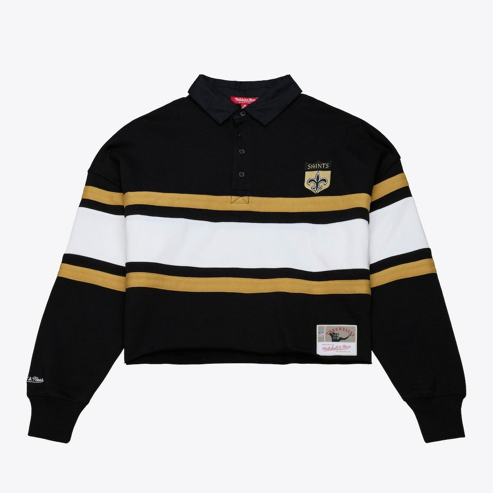 New Orleans Saints Women's Cropped Long Sleeve Rugby Polo Black | Mitchell & Ness