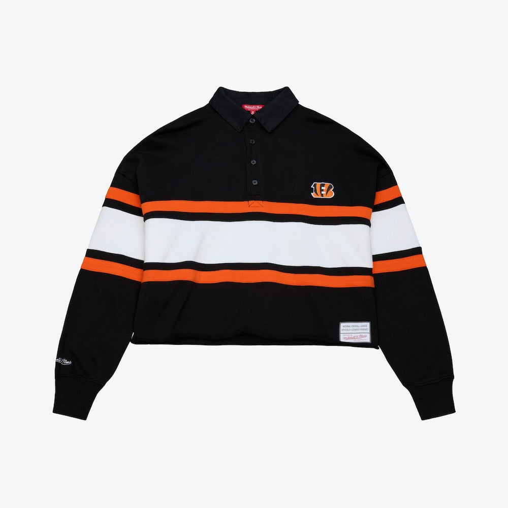 Cincinnati Bengals Women's Cropped Long Sleeve Rugby Polo Black | Mitchell & Ness
