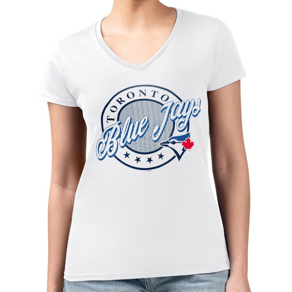 Toronto Blue Jays G-III 4Her by Carl Banks Women's Super-Slim Fit Lightweight Pinstripe Circle V-Neck T-Shirt - MLB