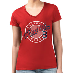 Boston Red Sox G-III 4Her by Carl Banks Women's Super-Slim Fit Lightweight Pinstripe Circle V-Neck T-Shirt - MLB