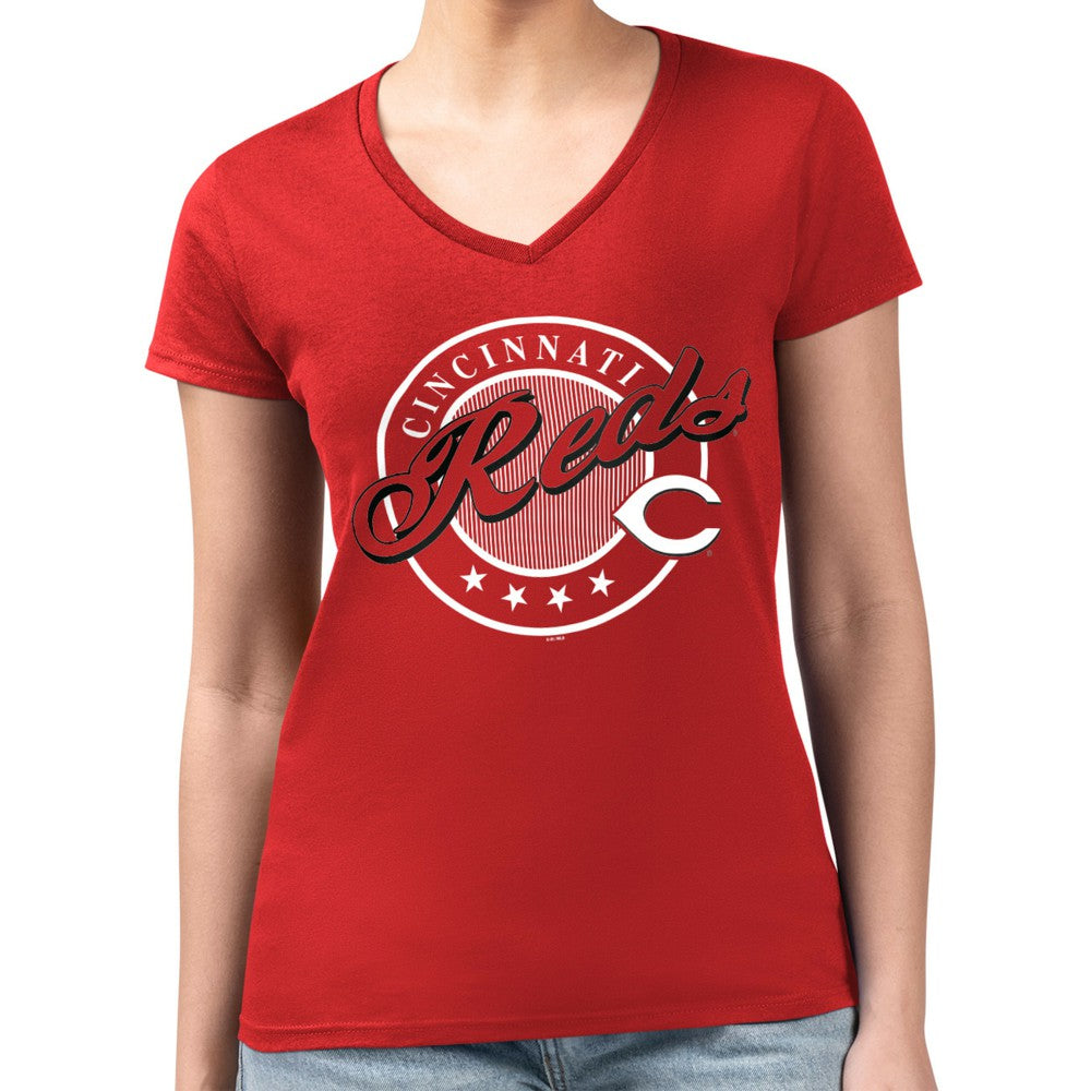Cincinnati Reds G-III 4Her by Carl Banks Women's Super-Slim Fit Lightweight Pinstripe Circle V-Neck T-Shirt - MLB