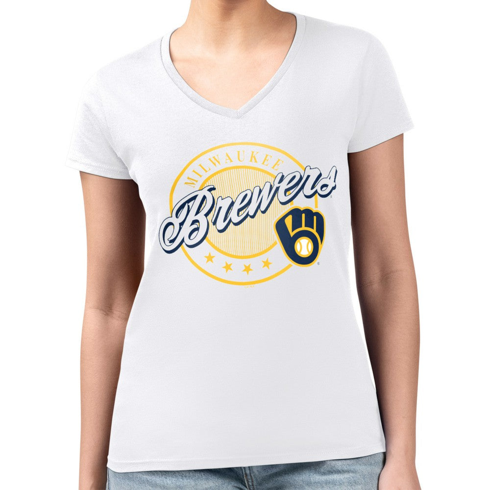 Milwaukee Brewers G-III 4Her by Carl Banks Women's Super-Slim Fit Lightweight Pinstripe Circle V-Neck T-Shirt - MLB