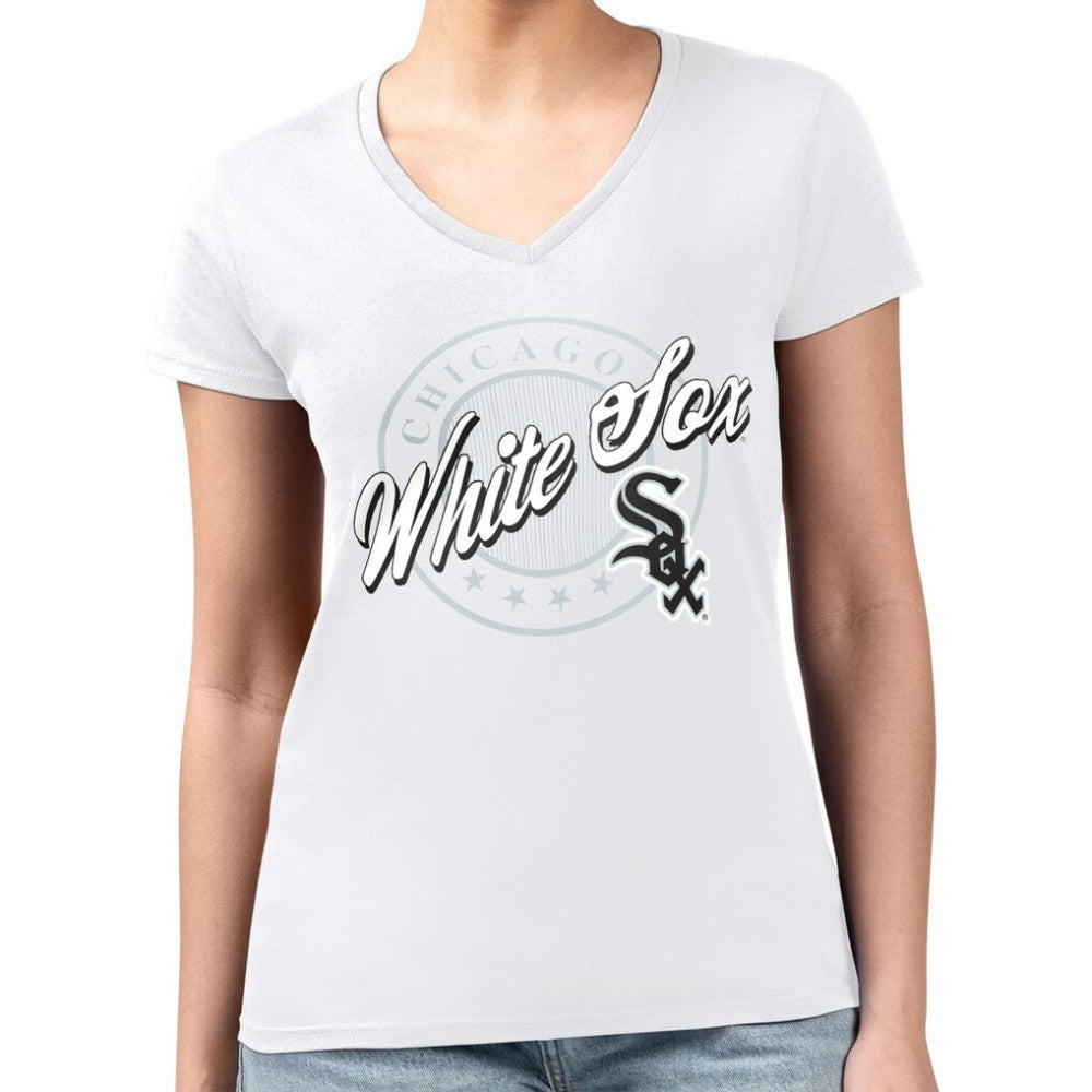 Chicago White Sox G-III 4Her by Carl Banks Women's Super-Slim Fit Lightweight Pinstripe Circle V-Neck T-Shirt - MLB
