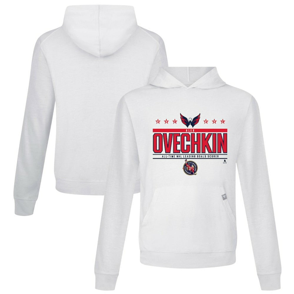 Alexander Ovechkin Washington Capitals Levelwear NHL All-Time Leading Goal Scorer Milestone Stars Name & Number Relay Pullover Hoodie - White - NHL