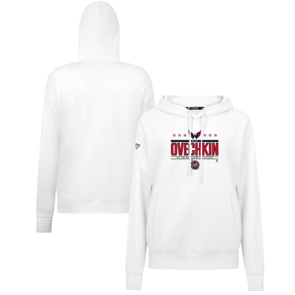 Alexander Ovechkin Washington Capitals Levelwear Women's NHL All-Time Leading Goal Scorer Milestone Stripes Name & Number Adorn Pullover Hoodie - White - NHL