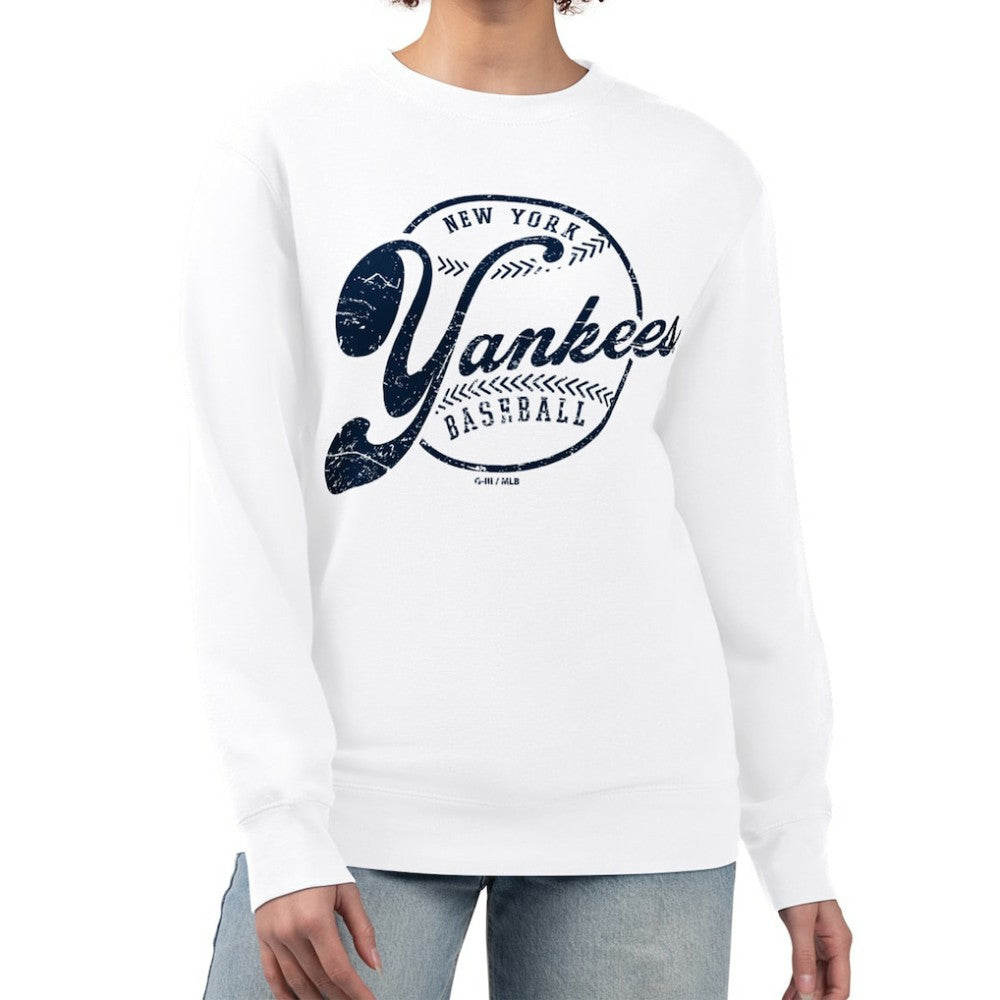 New York Yankees G-III 4Her by Carl Banks Women's Distressed Baseball Team Fleece Pullover Sweatshirt - MLB