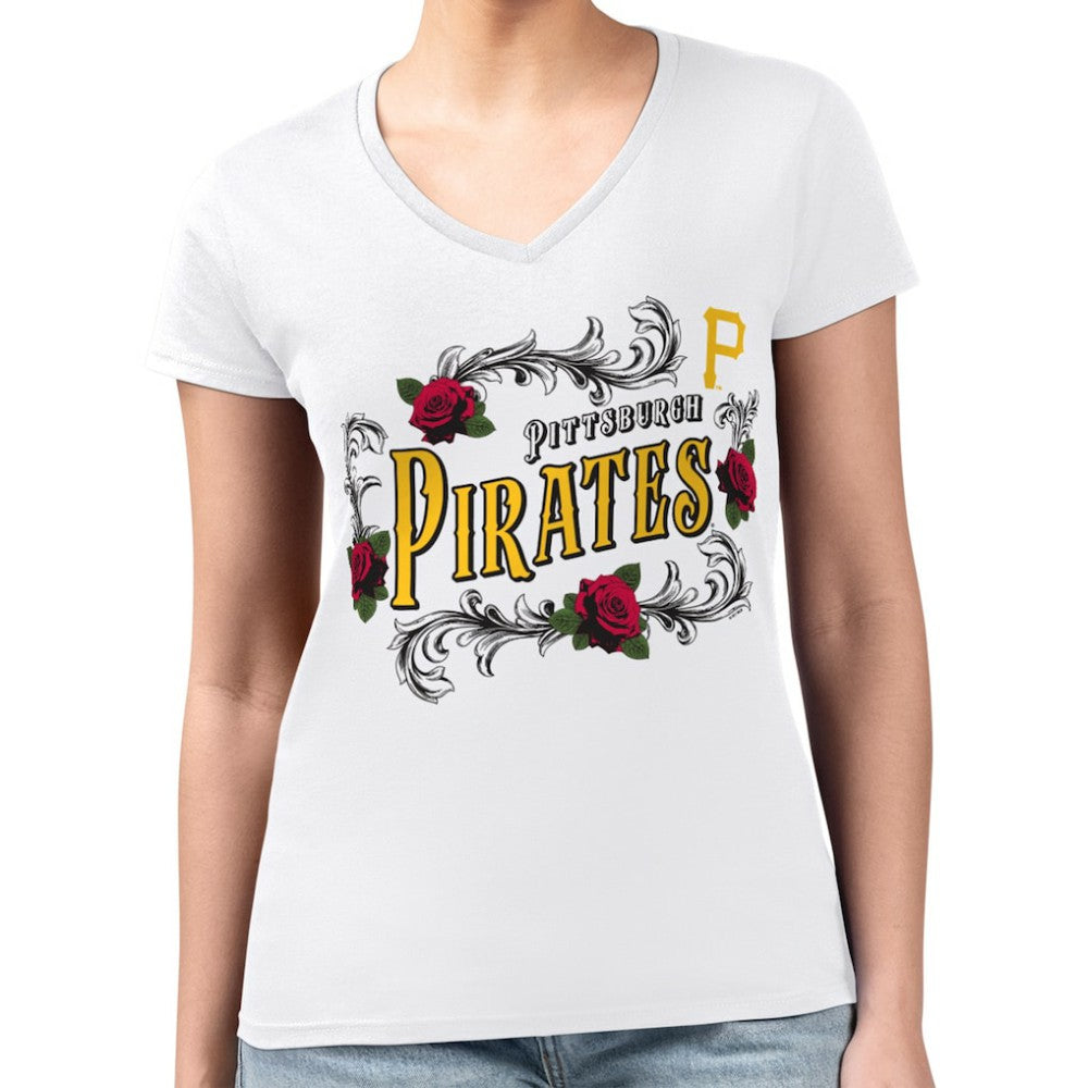 Pittsburgh Pirates G-III 4Her by Carl Banks Women's Super-Slim Fit Lightweight Retro Roses V-Neck T-Shirt - MLB