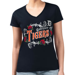 Detroit Tigers G-III 4Her by Carl Banks Women's Super-Slim Fit Lightweight Retro Roses V-Neck T-Shirt - MLB