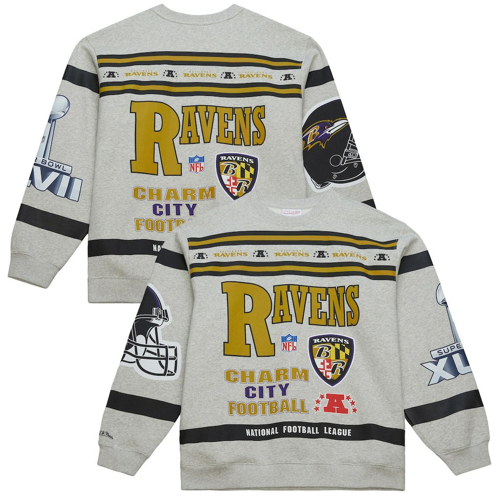 Baltimore Ravens All Over Print Vintage Fleece Crewneck Sweatshirt Heather Gray | Mitchell & Ness