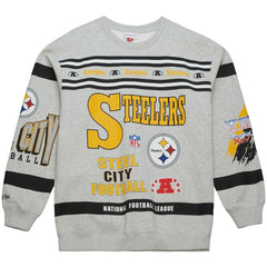 Pittsburgh Steelers All Over Print Vintage Fleece Crewneck Sweatshirt Heather Gray | Mitchell & Ness