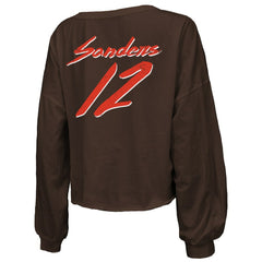 Shedeur Sanders Cleveland Browns Majestic Threads Women's Name & Number Off-Shoulder Script Cropped Long Sleeve Relaxed V-Neck T-Shirt Brown | NFL