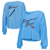 Cameron Ward Tennessee Titans Majestic Threads Women's Name & Number Off-Shoulder Script Cropped Long Sleeve Relaxed V-Neck T-Shirt Light Blue | NFL