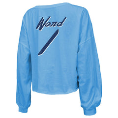 Cameron Ward Tennessee Titans Majestic Threads Women's Name & Number Off-Shoulder Script Cropped Long Sleeve Relaxed V-Neck T-Shirt Light Blue | NFL