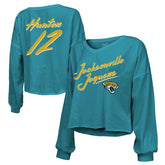 Travis Hunter Jacksonville Jaguars Majestic Threads Women's Name & Number Off-Shoulder Script Cropped Long Sleeve Relaxed V-Neck T-Shirt Teal | NFL