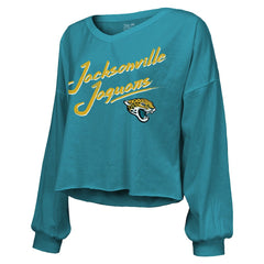 Travis Hunter Jacksonville Jaguars Majestic Threads Women's Name & Number Off-Shoulder Script Cropped Long Sleeve Relaxed V-Neck T-Shirt Teal | NFL