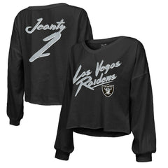 Ashton Jeanty Las Vegas Raiders Majestic Threads Women's Name & Number Off-Shoulder Script Cropped Long Sleeve Relaxed V-Neck T-Shirt Black | NFL