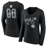 Brooklyn Nets Women's Hustle Custom Long Sleeve V-Neck T-Shirt Black - NBA
