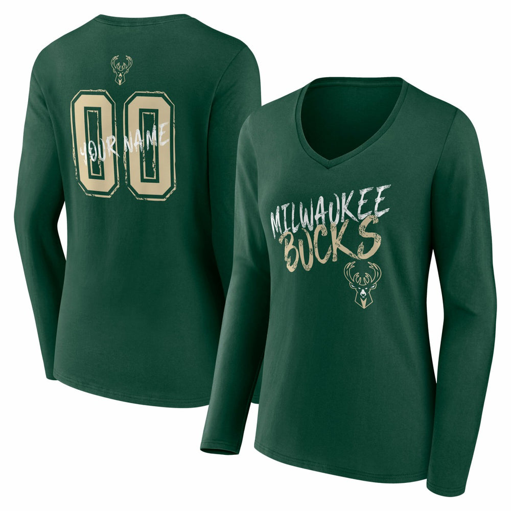 Milwaukee Bucks Women's Hustle Custom Long Sleeve V-Neck T-Shirt Hunter Green - NBA