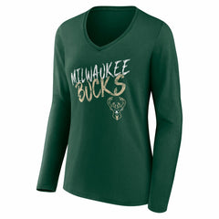Milwaukee Bucks Women's Hustle Custom Long Sleeve V-Neck T-Shirt Hunter Green - NBA