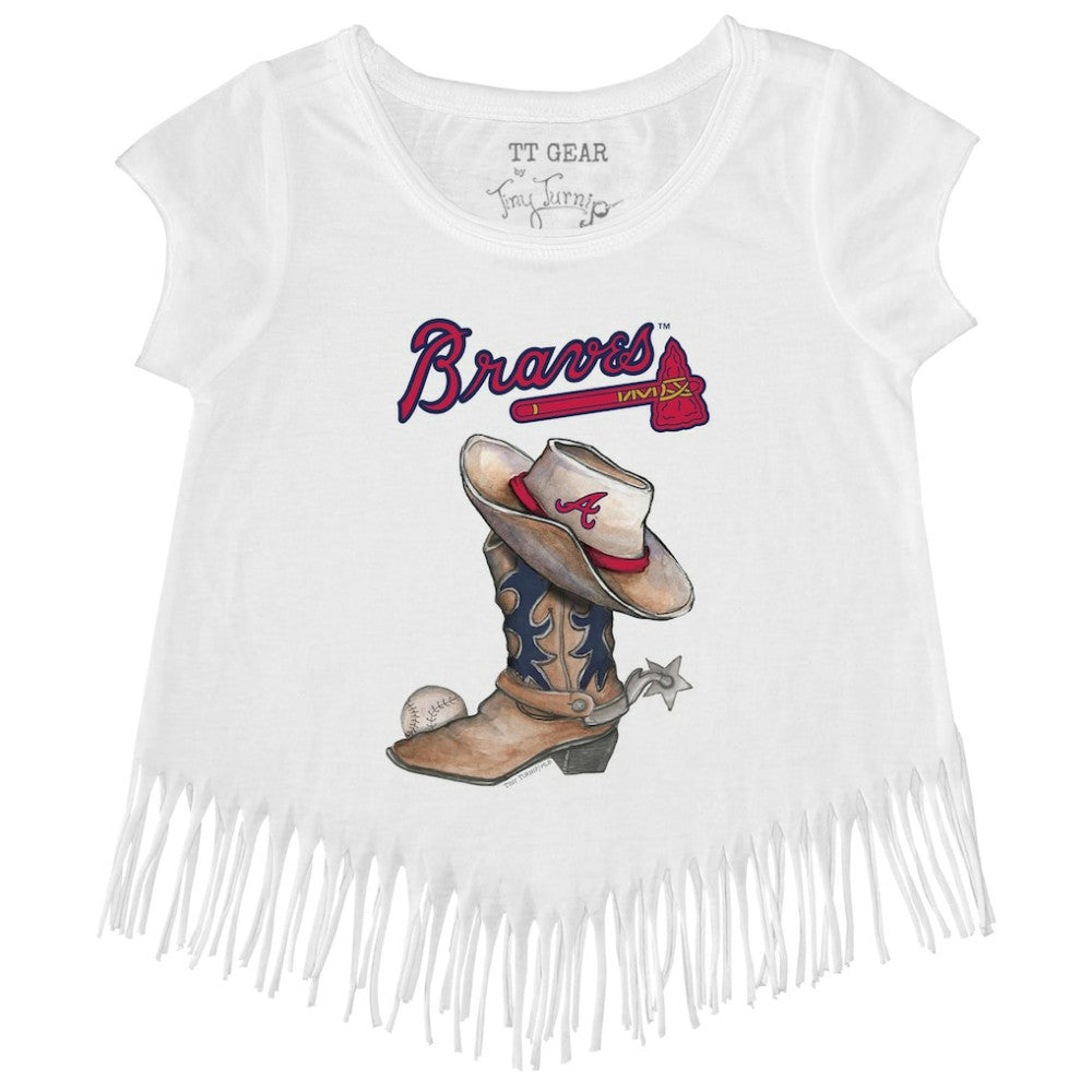 Atlanta Braves Tiny Turnip Girls Youth Cowboy Boot Fringe T-Shirt - MLB