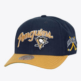 Pittsburgh Penguins Mitchell & Ness x Just Don Wave Script Pro Strapback Hat - Navy/Gold - NHL