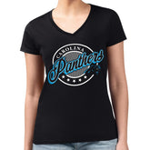 Carolina Panthers G-III 4Her by Carl Banks Women's Super-Slim Fit Lightweight Pinstripe Circle V-Neck T-Shirt Black | NFL