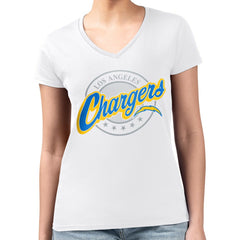 Los Angeles Chargers G-III 4Her by Carl Banks Women's Super-Slim Fit Lightweight Pinstripe Circle V-Neck T-Shirt White | NFL
