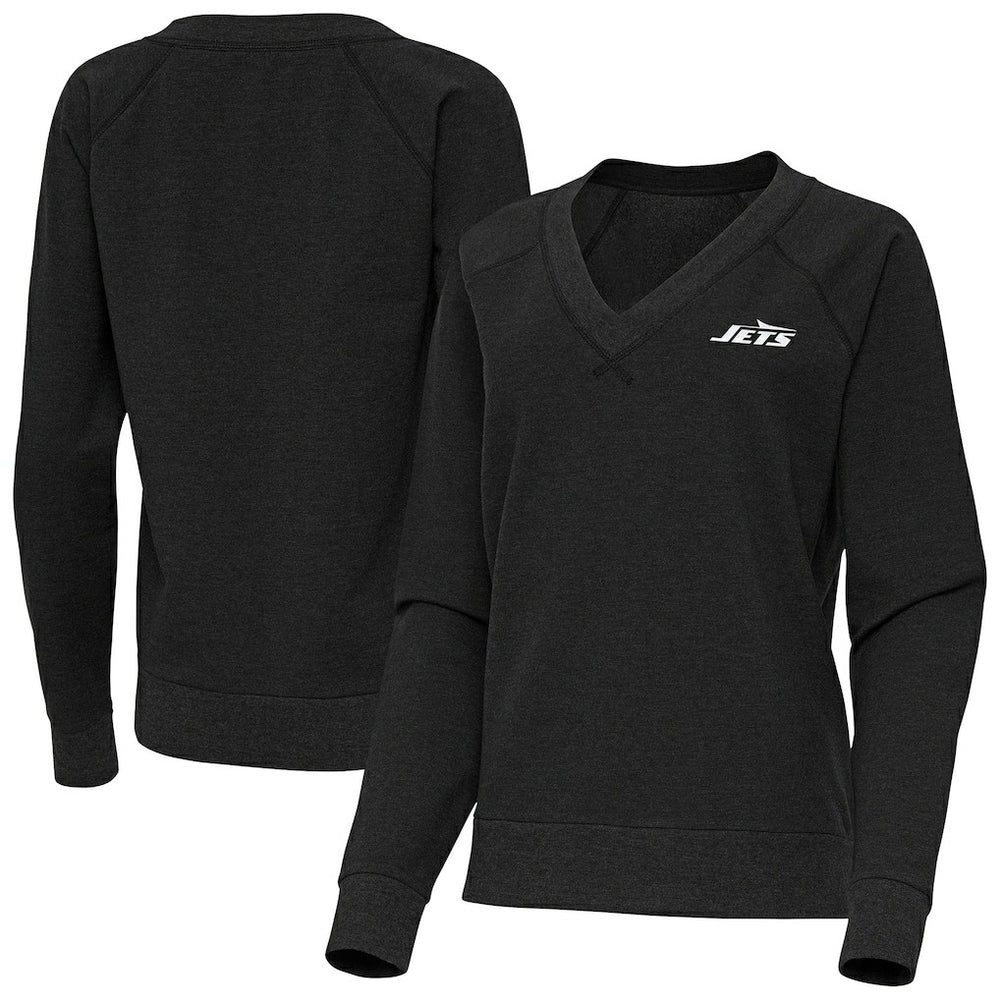 New York Jets Antigua Women's Varsity Tri-Blend V-Neck Long Sleeve T-Shirt Heather Black | NFL