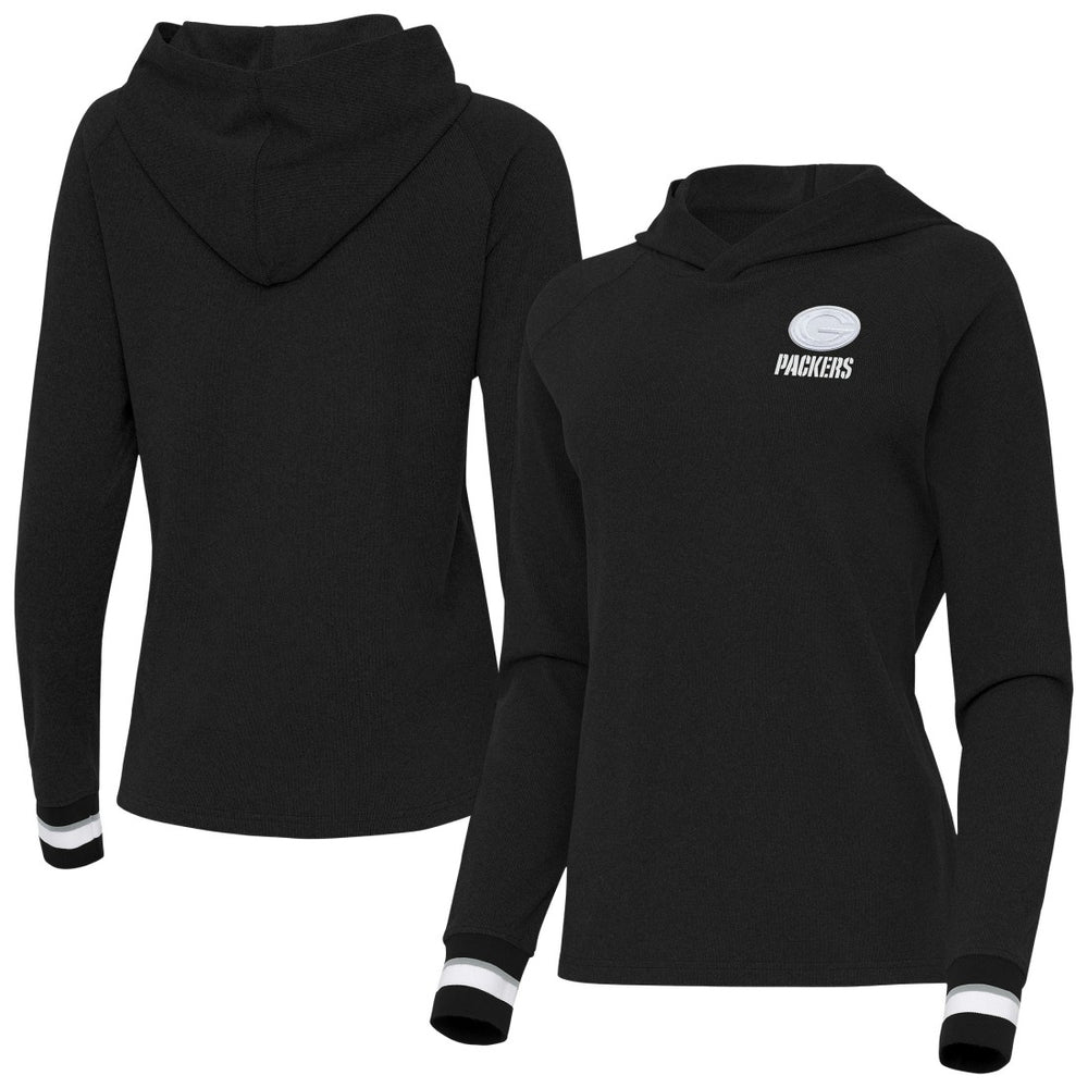 Green Bay Packers Antigua Women's Trek Raglan Pullover Hoodie Black | NFL