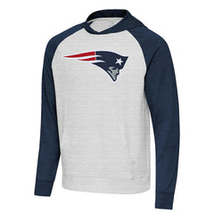 New England Patriots Antigua Urgent Raglan Pullover Hoodie Heather Gray/Heather Navy | NFL