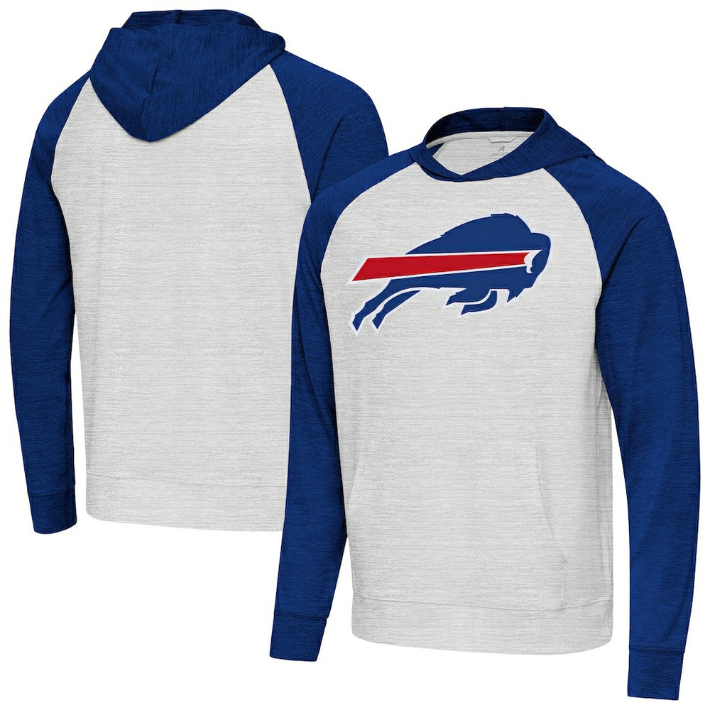 Buffalo Bills Antigua Urgent Raglan Pullover Hoodie Heather Gray/Heather Royal | NFL