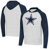 Dallas Cowboys Antigua Urgent Raglan Pullover Hoodie Heather Gray/Heather Navy | NFL