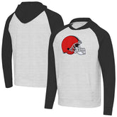 Cleveland Browns Antigua Urgent Raglan Pullover Hoodie Heather Gray/Black | NFL