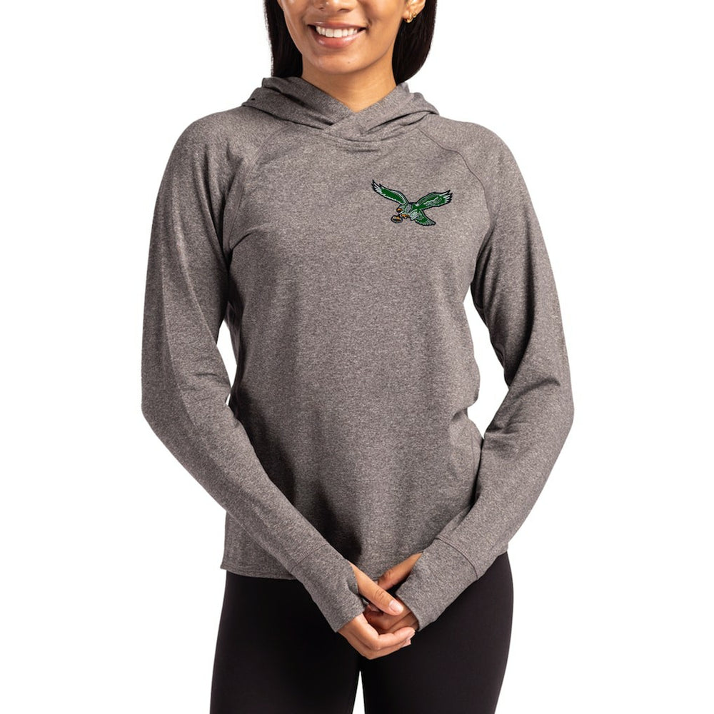 Philadelphia Eagles Cutter & Buck Women's Throwback Logo Adapt Knit Recycled Raglan Pullover Hoodie Heather Charcoal | NFL