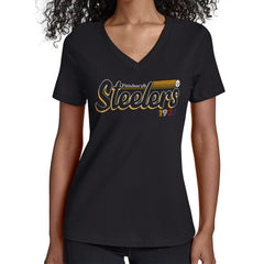 Pittsburgh Steelers Starter Women's Groovy Script V-Neck T-Shirt Black | NFL