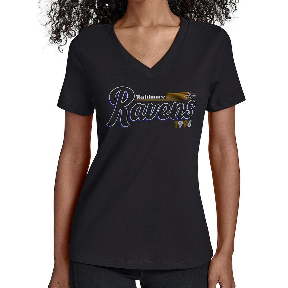 Baltimore Ravens Starter Women's Groovy Script V-Neck T-Shirt Black | NFL