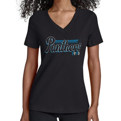 Carolina Panthers Starter Women's Groovy Script V-Neck T-Shirt Black | NFL