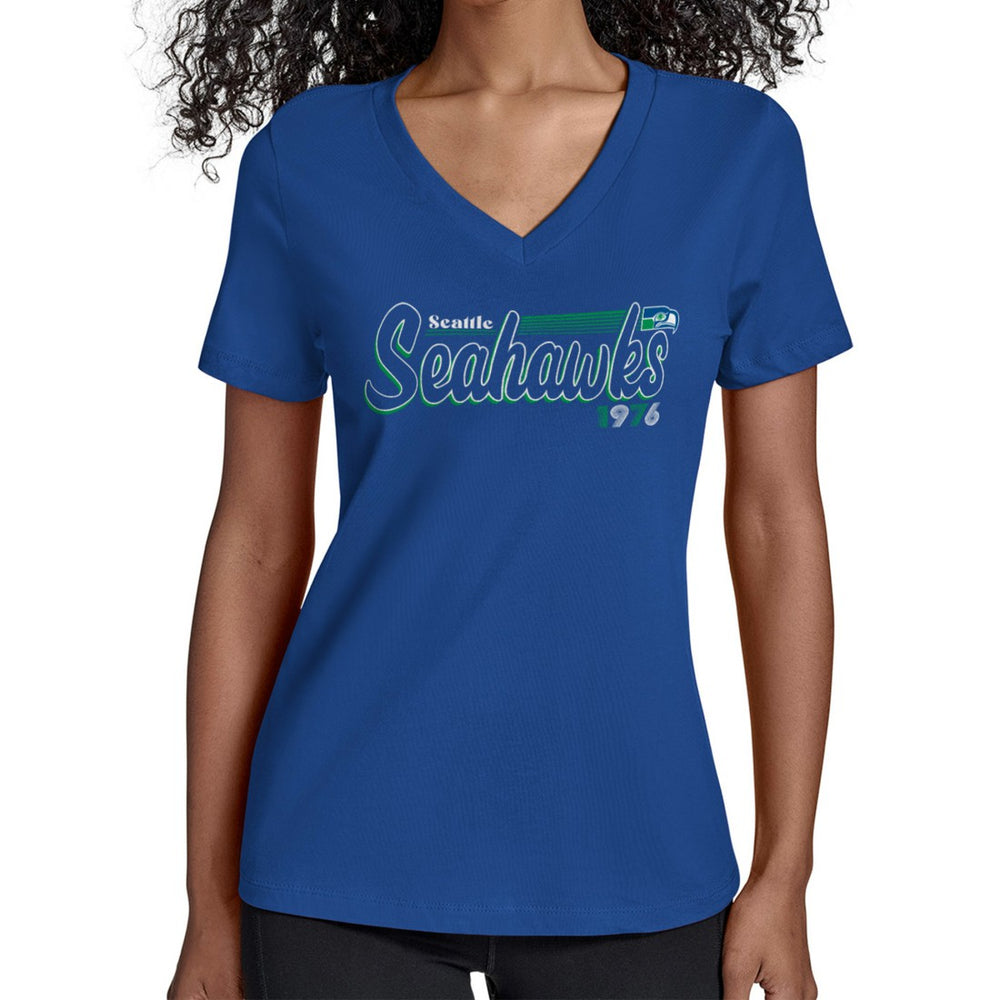 Seattle Seahawks Starter Women's Throwback Groovy Script V-Neck T-Shirt Royal | NFL