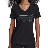 Philadelphia Eagles Starter Women's Groovy Script V-Neck T-Shirt Black | NFL