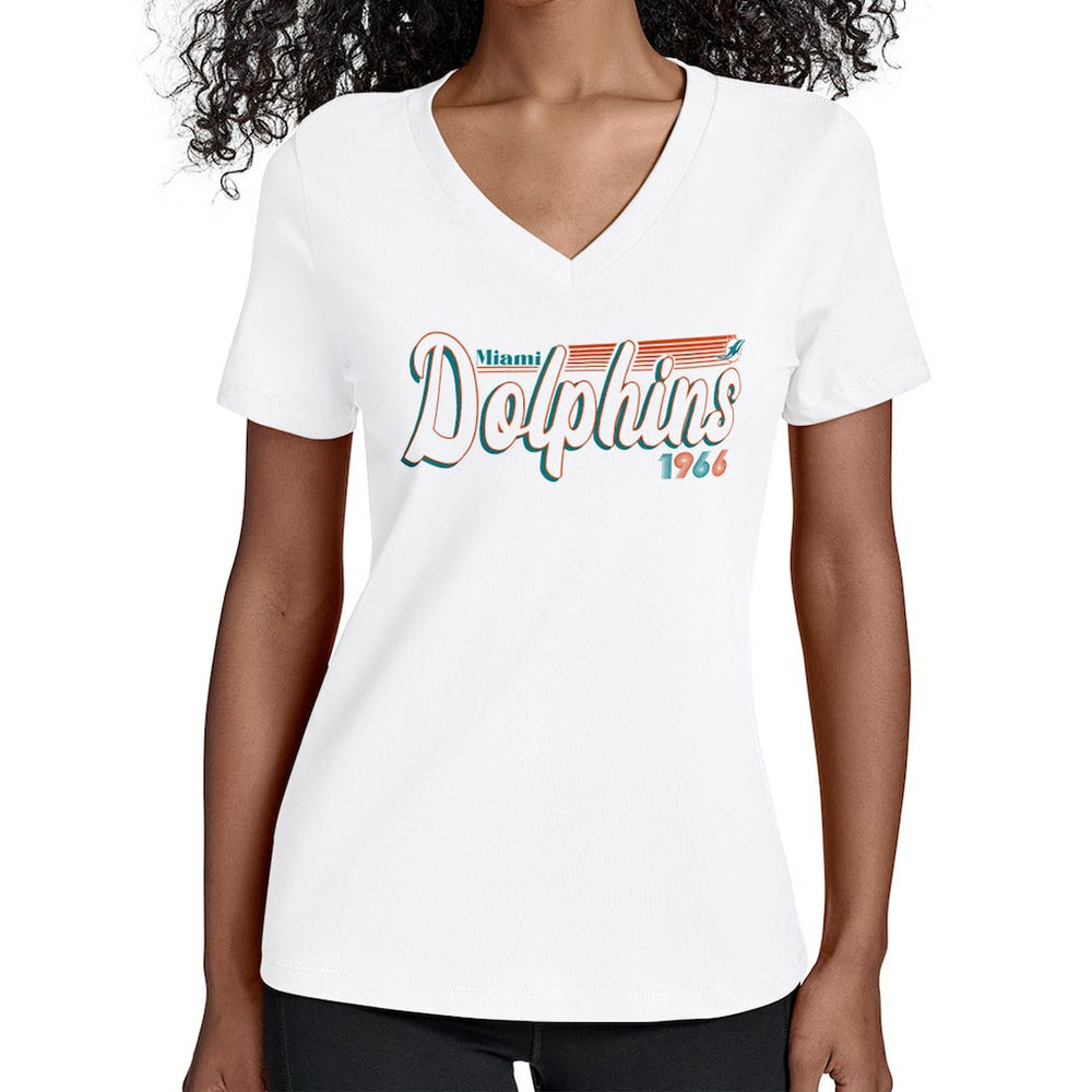 Miami Dolphins Starter Women's Groovy Script V-Neck T-Shirt White | NFL