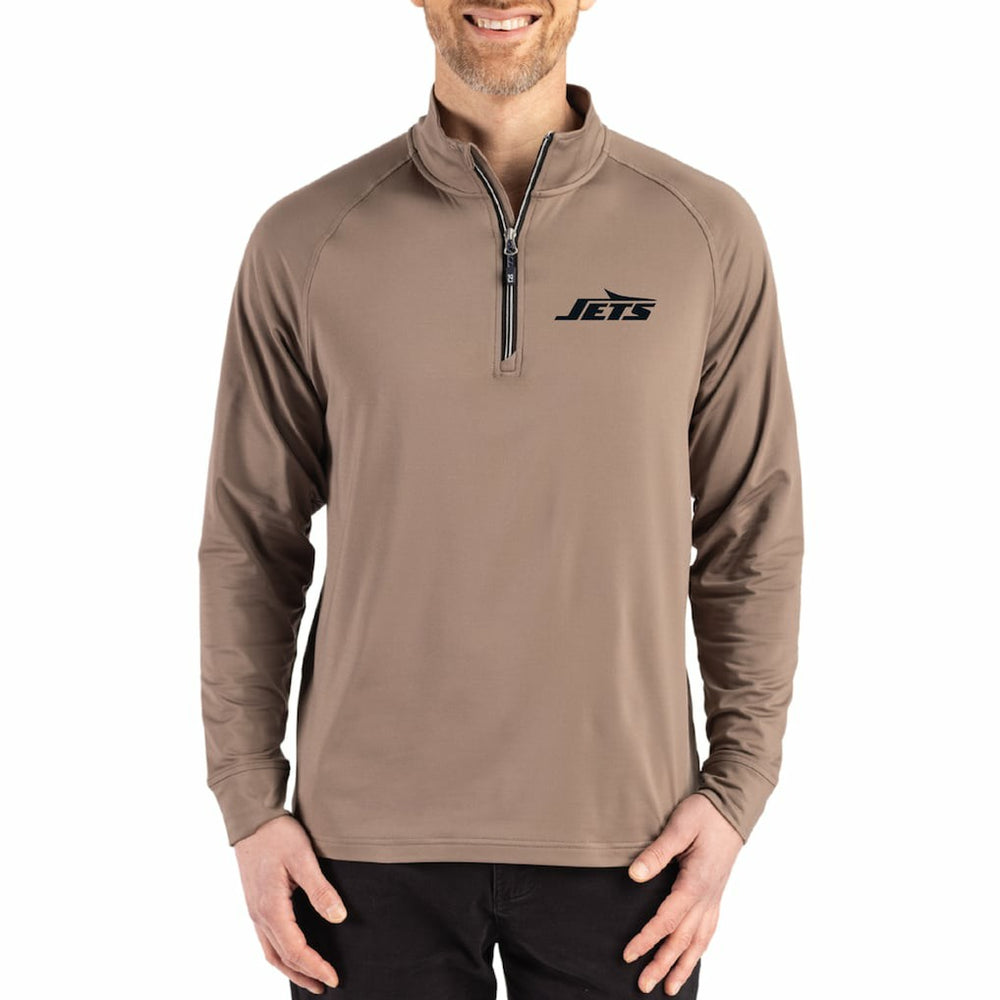 New York Jets Cutter & Buck Adapt Eco Knit Stretch Recycled Quarter-Zip Pullover Brown | NFL