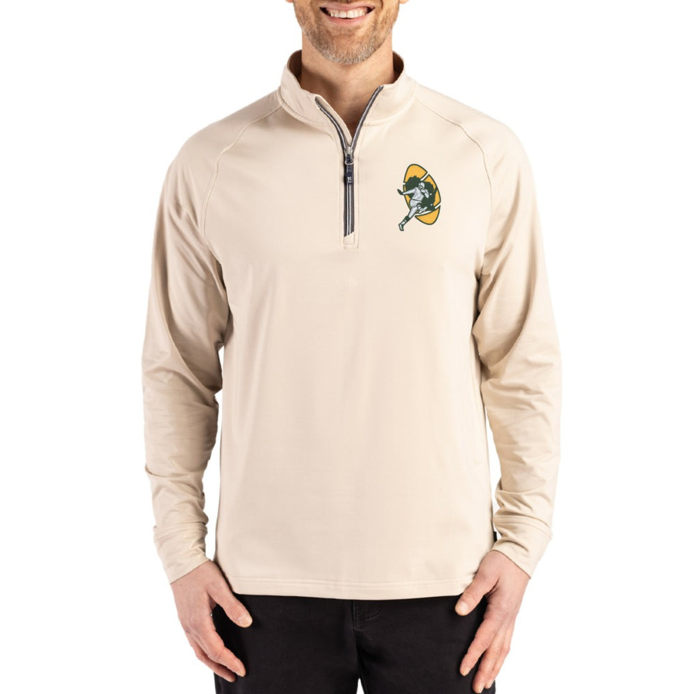 Green Bay Packers Cutter & Buck Throwback Logo Adapt Eco Knit Stretch Recycled Quarter-Zip Pullover Tan | NFL