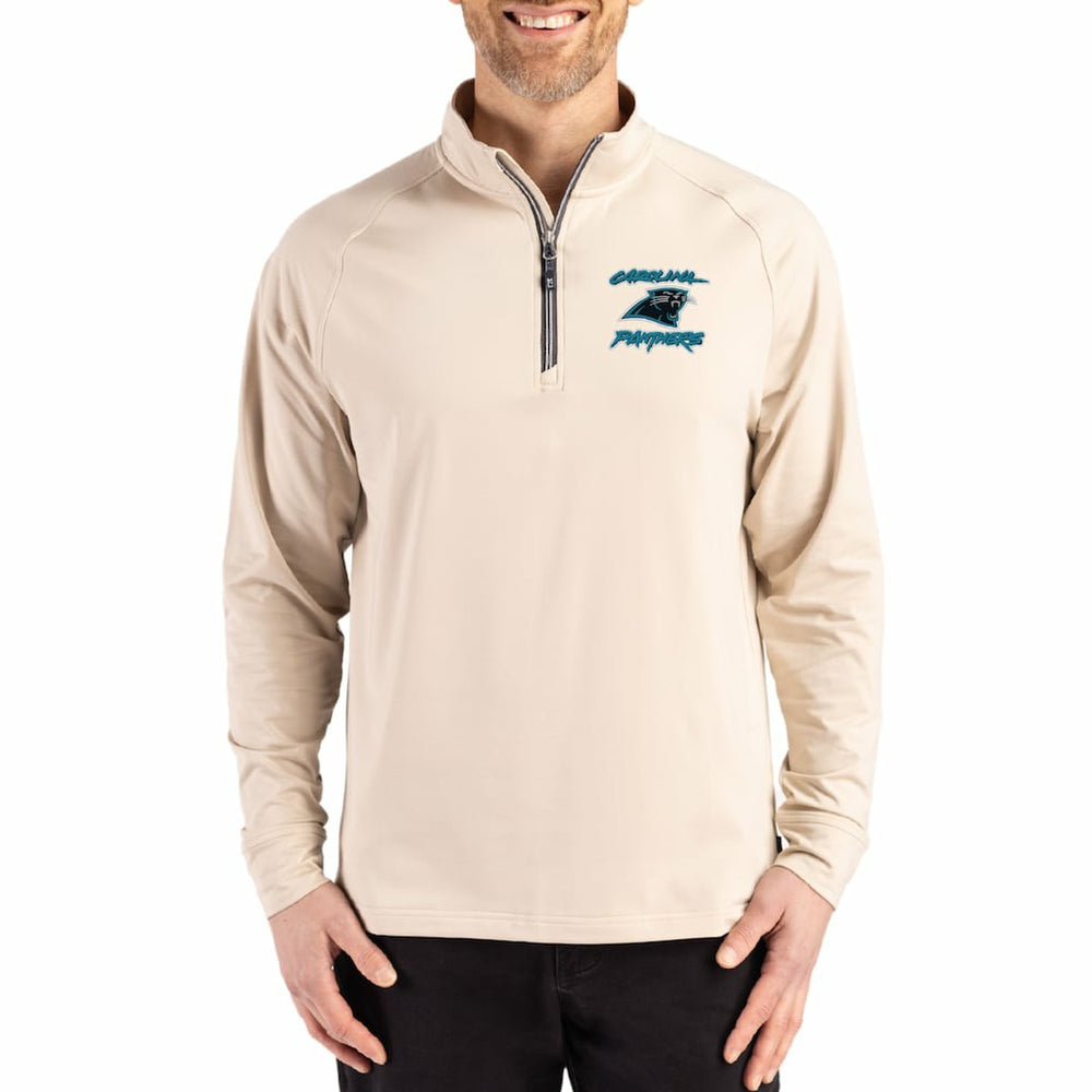 Carolina Panthers Cutter & Buck Throwback Logo Adapt Eco Knit Stretch Recycled Quarter-Zip Pullover Tan | NFL