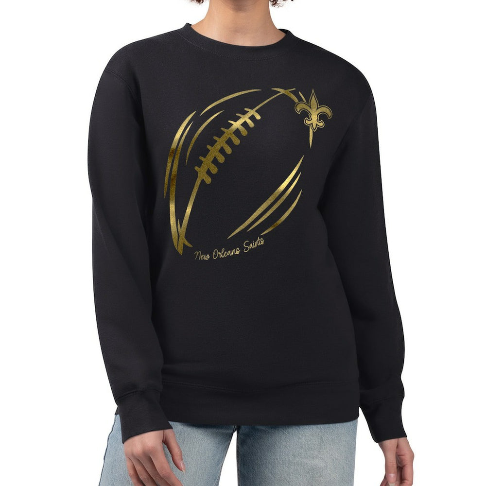 New Orleans Saints G-III 4Her by Carl Banks Women's Metallic Print Football Sketch Fleece Crewneck Sweatshirt Black | NFL