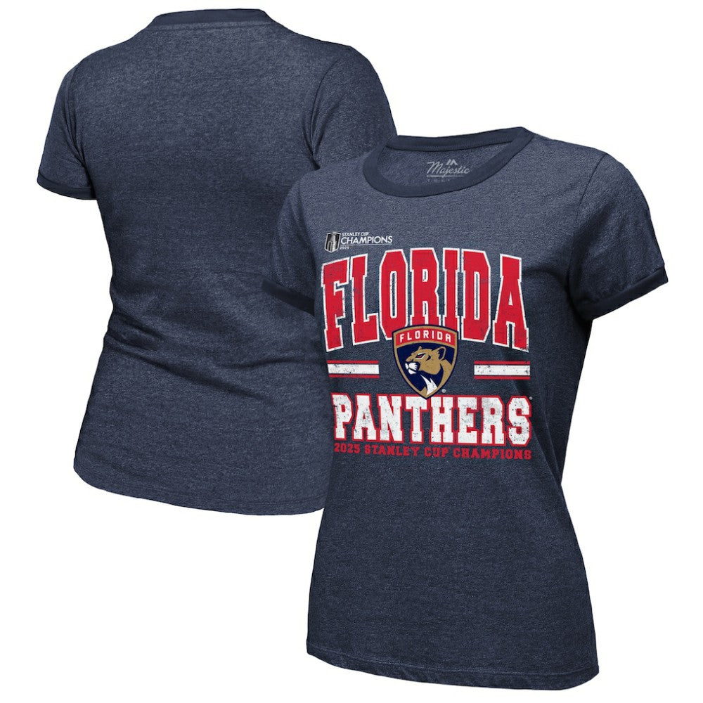Florida Panthers Majestic Threads Women's 2025 Stanley Cup Champions Tri-Blend Ringer T-Shirt - Navy - NHL