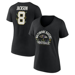 Lamar Jackson Baltimore Ravens Women's Floral Name & Number V-Neck T-Shirt Black | NFL