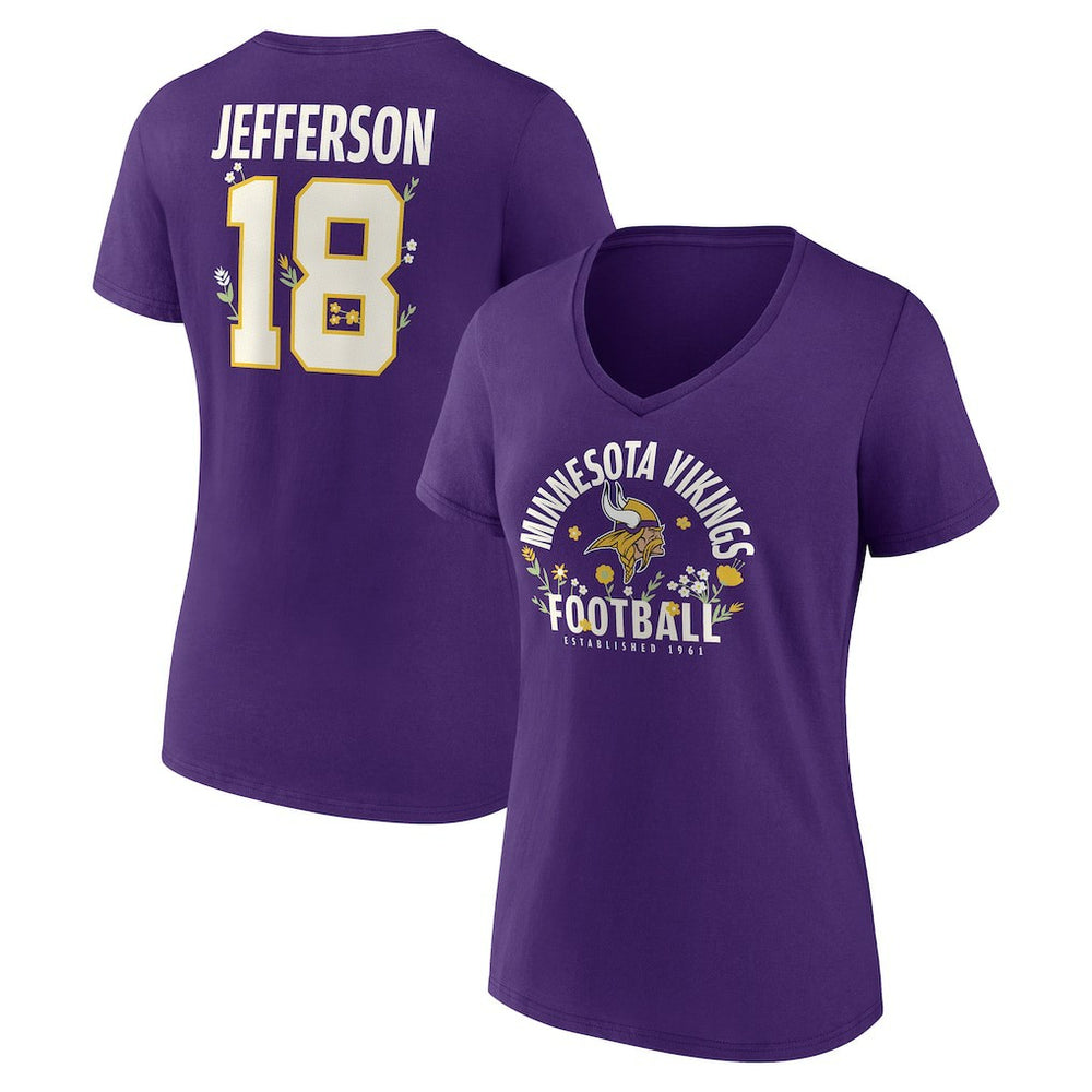 Justin Jefferson Minnesota Vikings Women's Floral Name & Number V-Neck T-Shirt Purple | NFL